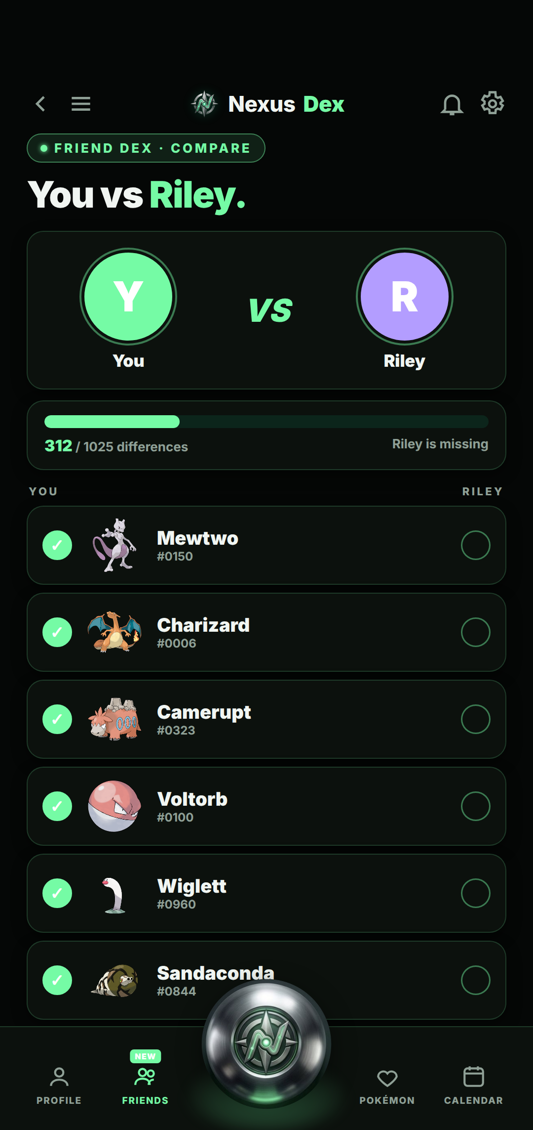 Friend Dex compare view between You and Riley with 312 of 1025 differences and the Pokémon Riley is missing