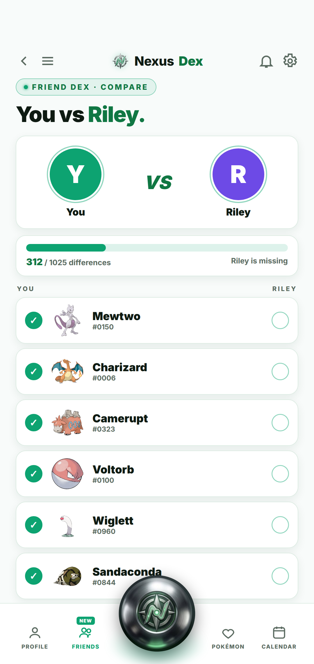 Friend Dex compare view between You and Riley with 312 of 1025 differences and the Pokémon Riley is missing