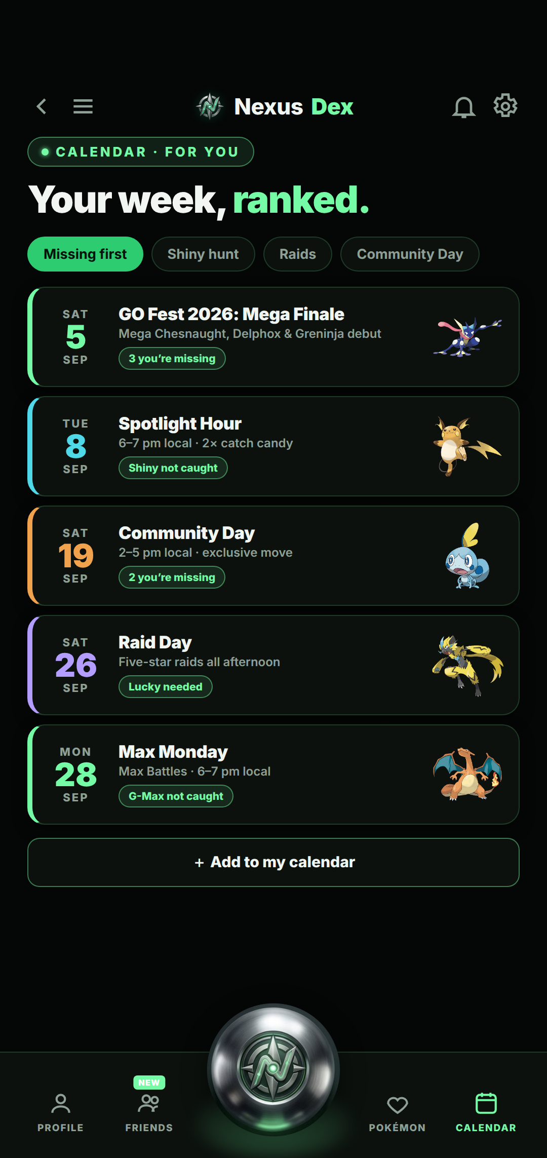 Events tracker showing upcoming Pokémon GO Community Days, GO Fest and raid events with add-to-calendar buttons