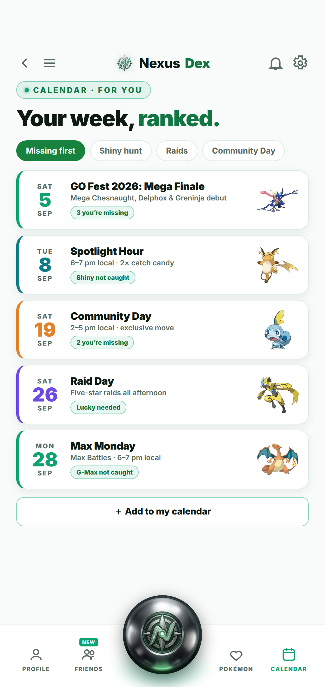 Events tracker showing upcoming Pokémon GO Community Days, GO Fest and raid events with add-to-calendar buttons