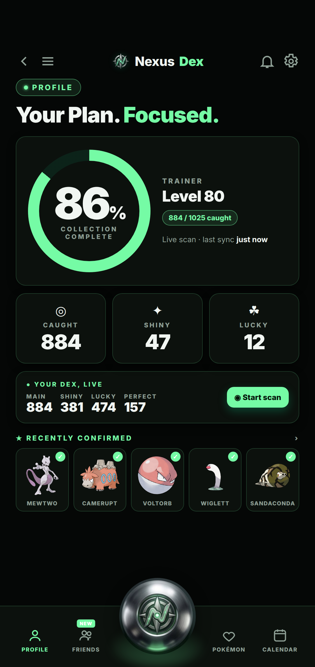Nexus Dex profile screen showing 86 percent collection complete, caught, shiny and lucky counts, live Dex totals and recently confirmed Pokémon