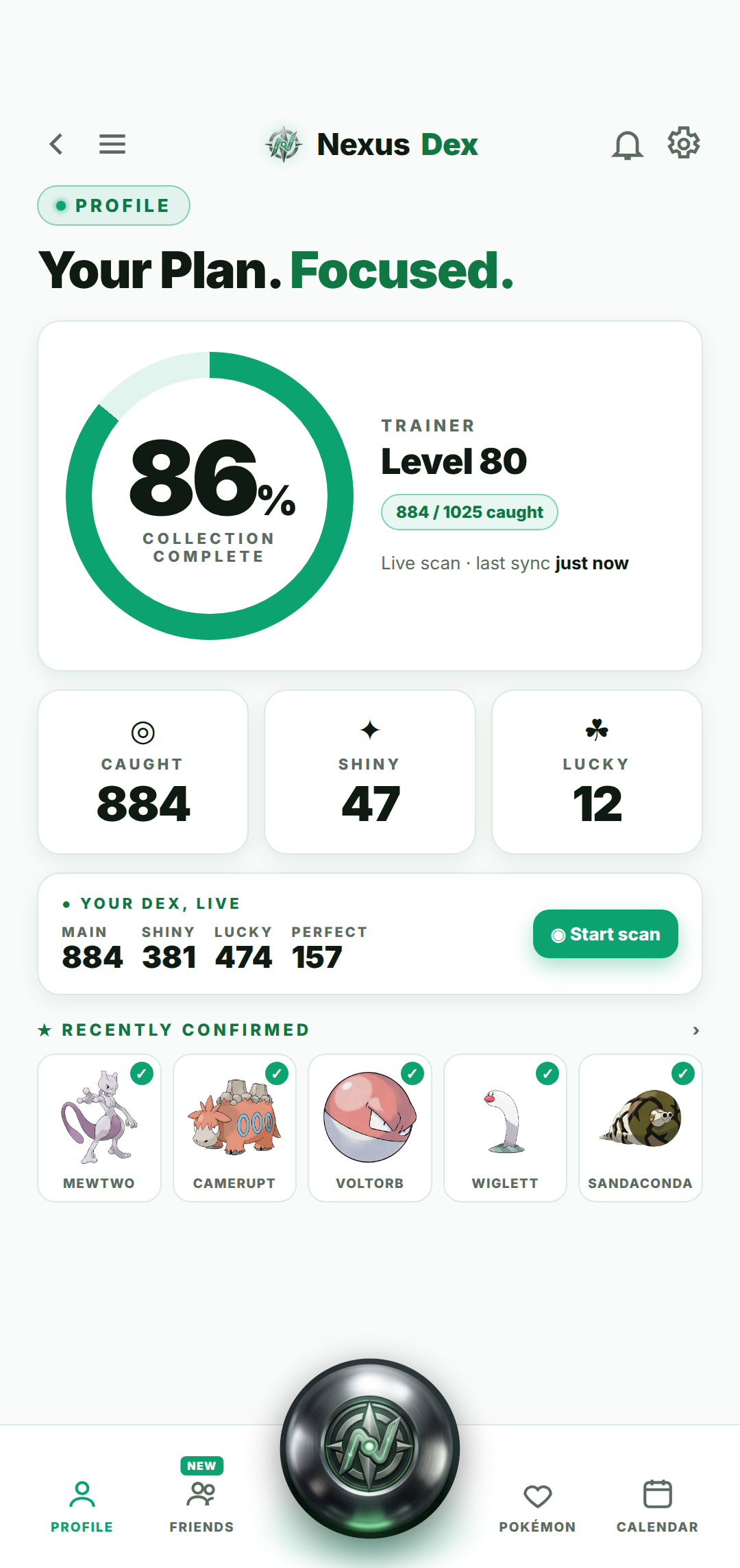 Nexus Dex profile screen showing 86 percent collection complete, caught, shiny and lucky counts, live Dex totals and recently confirmed Pokémon