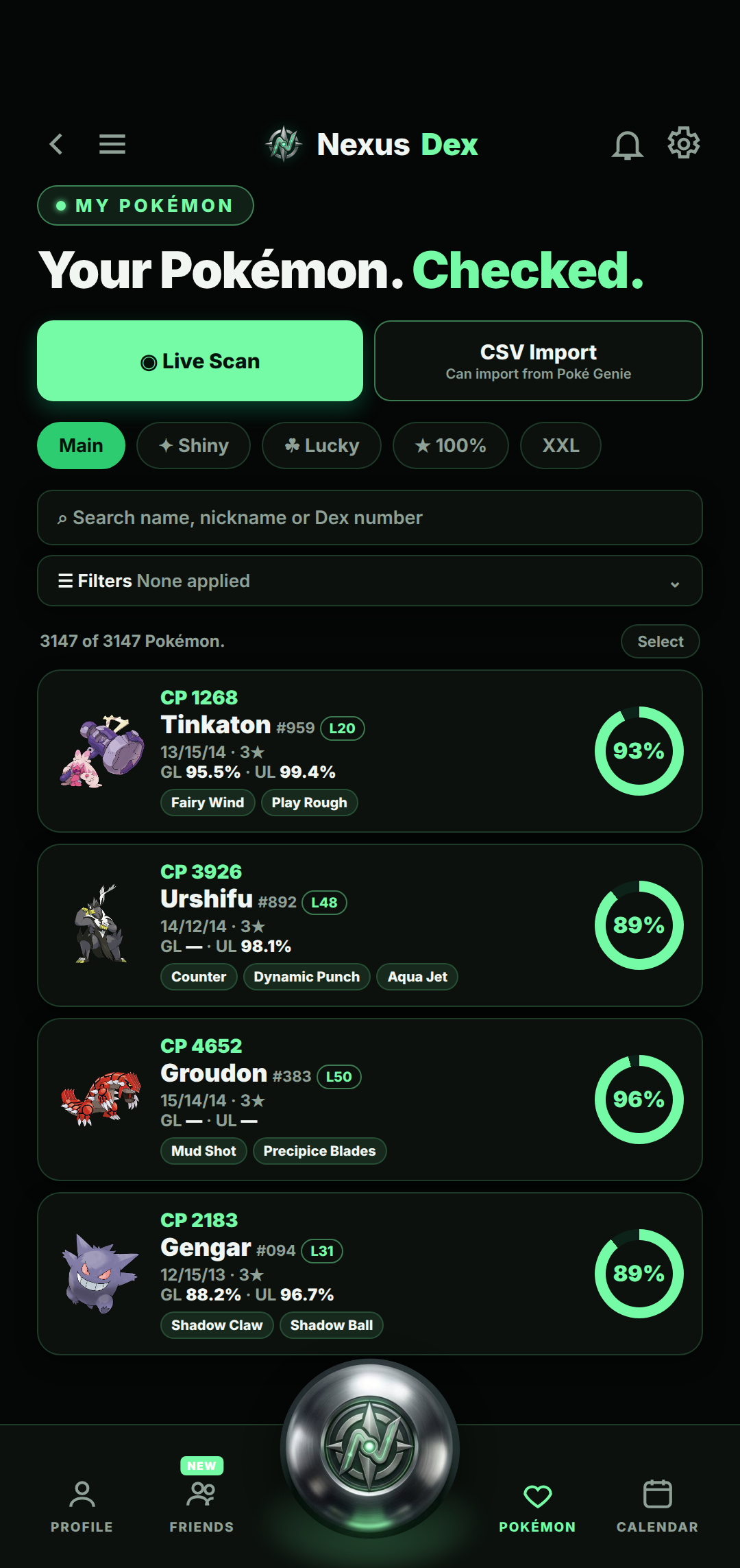 My Pokémon screen in Nexus Dex listing scanned Pokémon with CP, IVs, Great and Ultra League percentages, moves and an IV ring for each