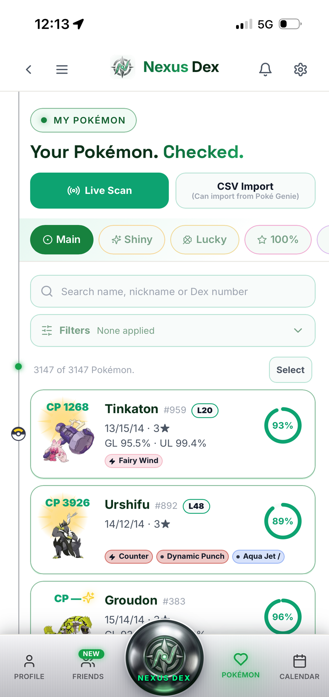 My Pokémon screen in Nexus Dex listing scanned Pokémon with CP, IVs, Great and Ultra League percentages, moves and an IV ring for each