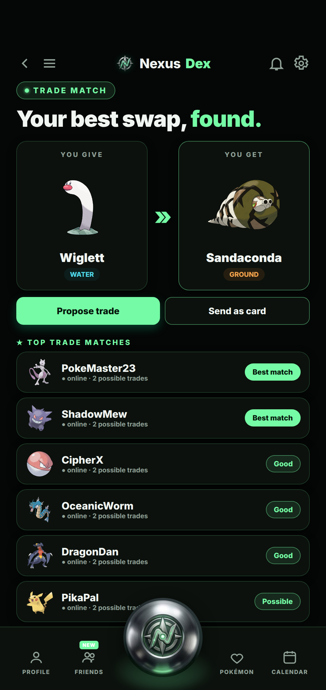 Trade Match screen showing Wiglett traded for Sandaconda with top trade matches across friends