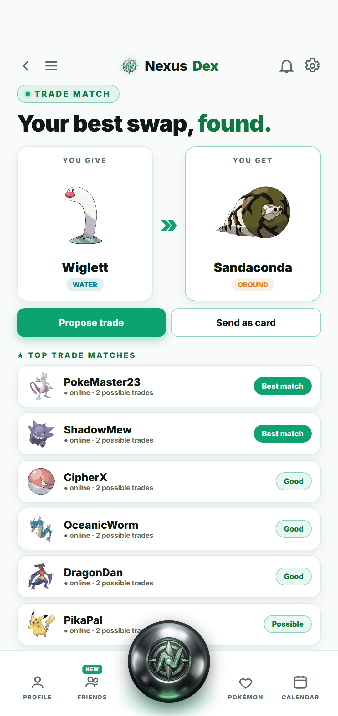 Trade Match screen showing Wiglett traded for Sandaconda with top trade matches across friends