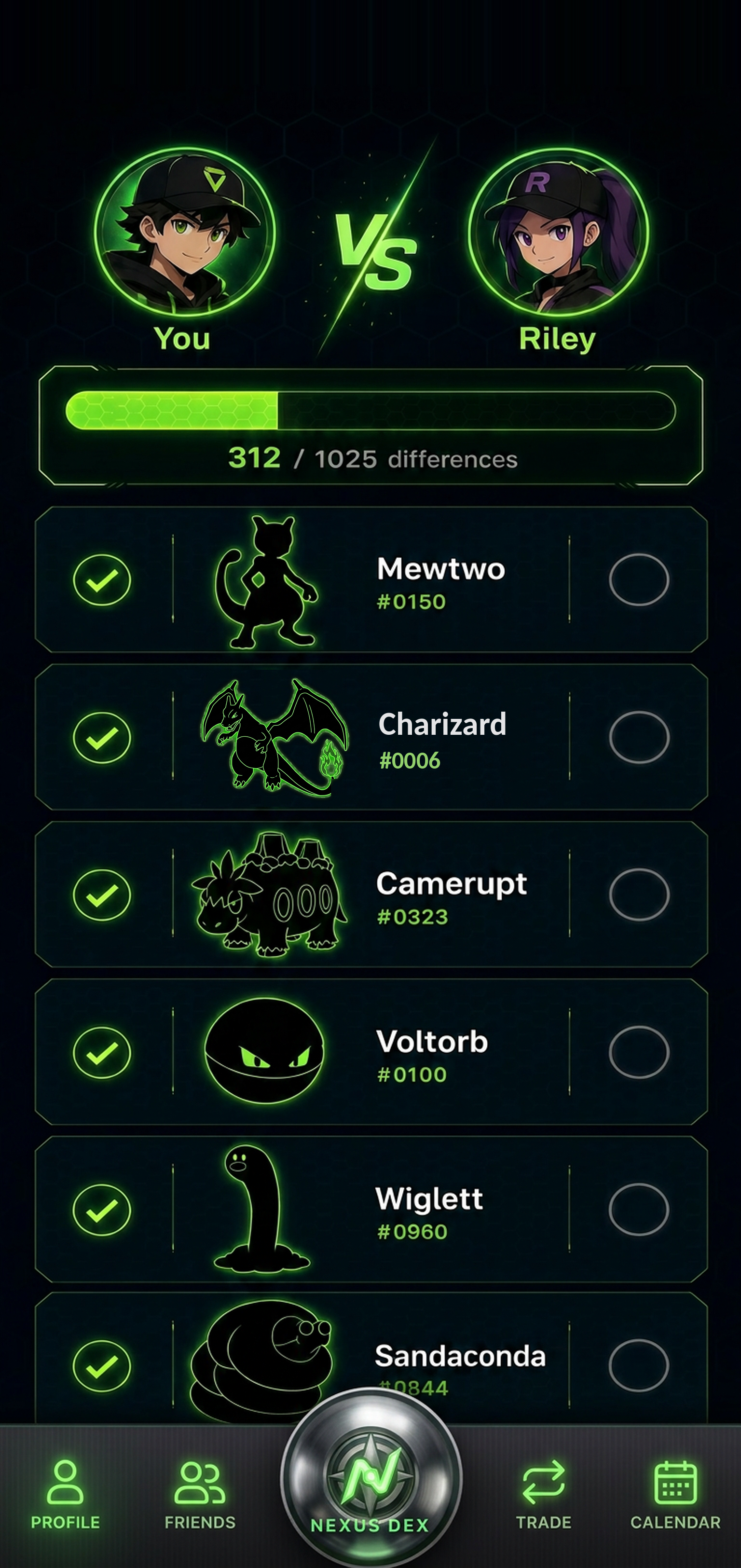 Friend Dex compare view between You and Riley with 312 of 1025 differences and a row of Pokémon silhouettes