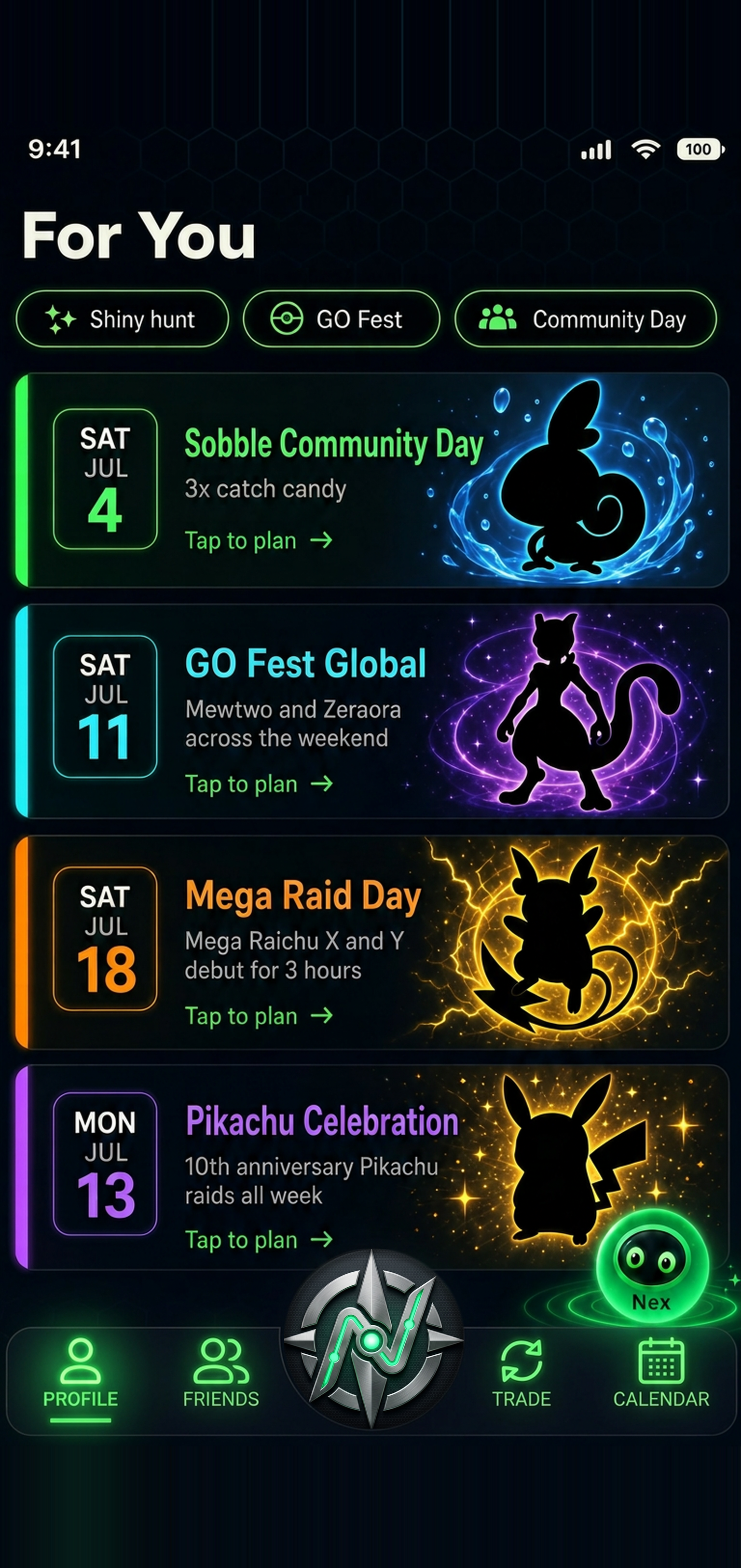 Events tracker showing Sobble Community Day, GO Fest Global, Mega Raid Day, and Pikachu Celebration July 2026 with add-to-calendar buttons