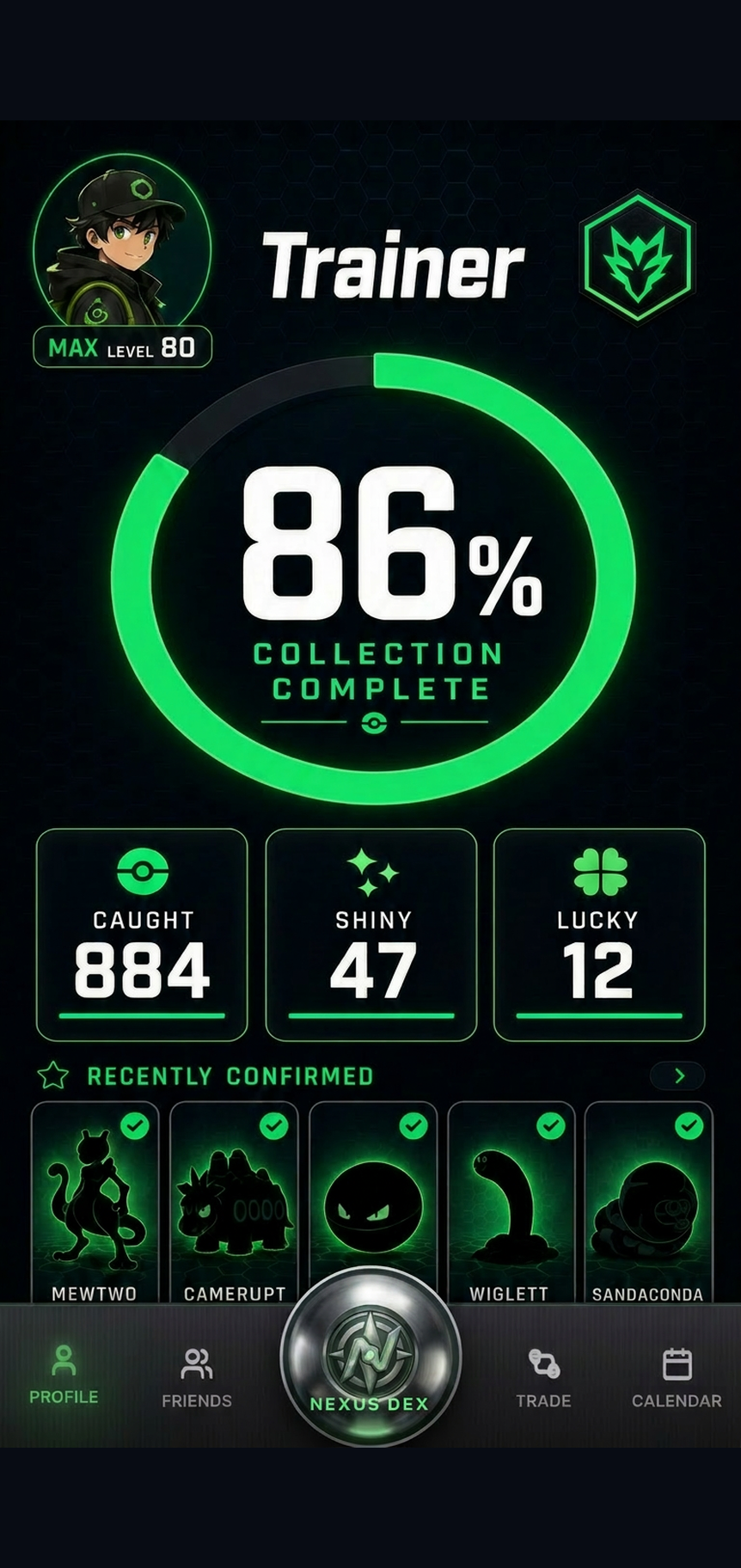 Nexus Dex home screen showing 86 percent collection complete and recently confirmed Pokémon
