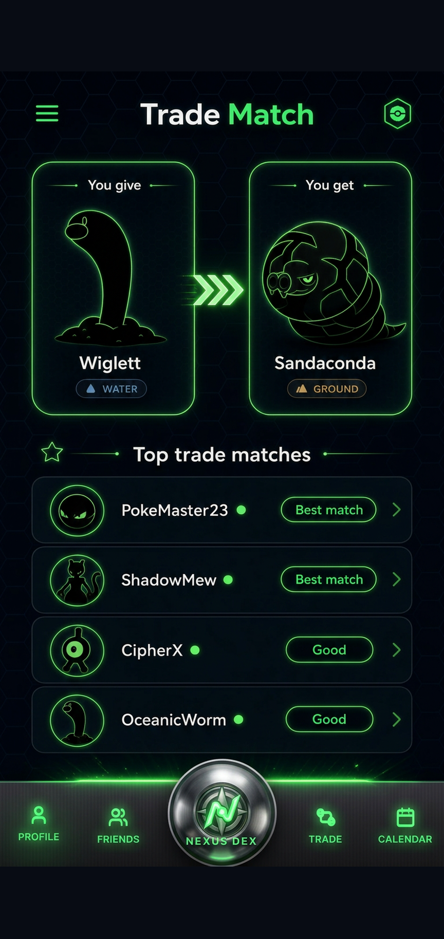 Trade Match screen showing Wiglett trade for Sandaconda with top trade matches list